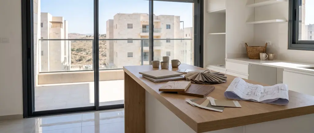 Tile, wood and paint samples spread on a kitchen island in an unfinished new apartment